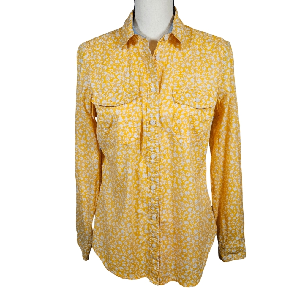 St John's Bay Womens Long Sleeve Button Up Shirt, Yellow/White Floral, Medium